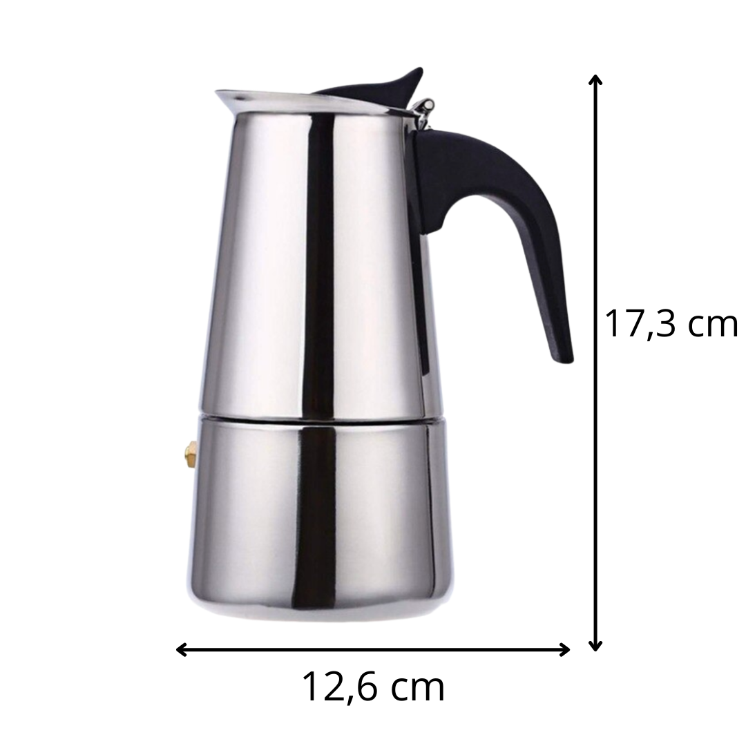 Cafetière italienne Crystalrao de 200 ml, eletrodoméstico de cozinha, corpo de metal com alça e tampa de vidro.
