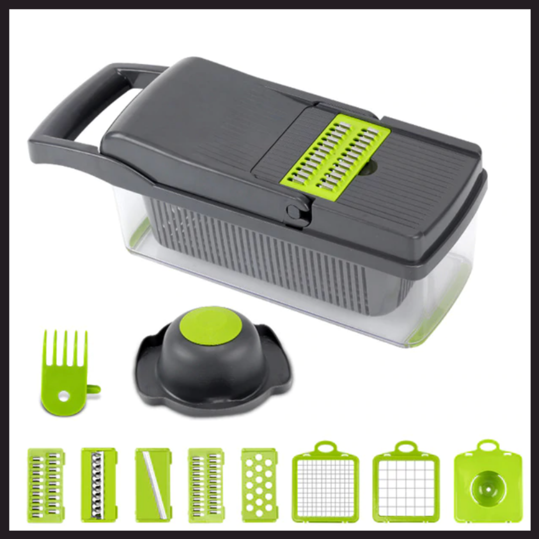 Mandolina multifunções 8 em 1 da Anuosi, utensílio de cozinha para cortar legumes e preparar pratos de pâtisserie.