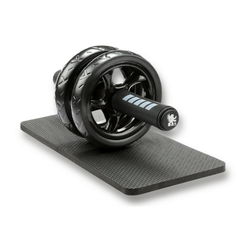 Roda de abdominal fitness Pharmedoc com almofada preta para exercícios de fortalecimento do core e abdômen.