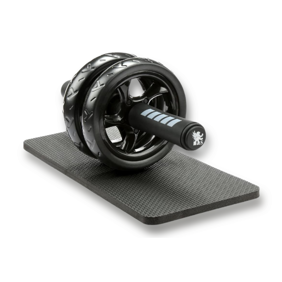 Roda de abdominal fitness Pharmedoc com almofada preta para exercícios de fortalecimento do core e abdômen.