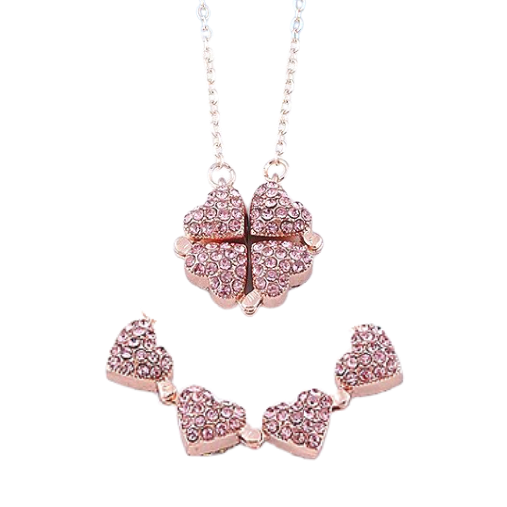 Colar de coração com trevo de quatro folhas rosa da marca Katgi, ajustável, feito de material brilhante e delicado.