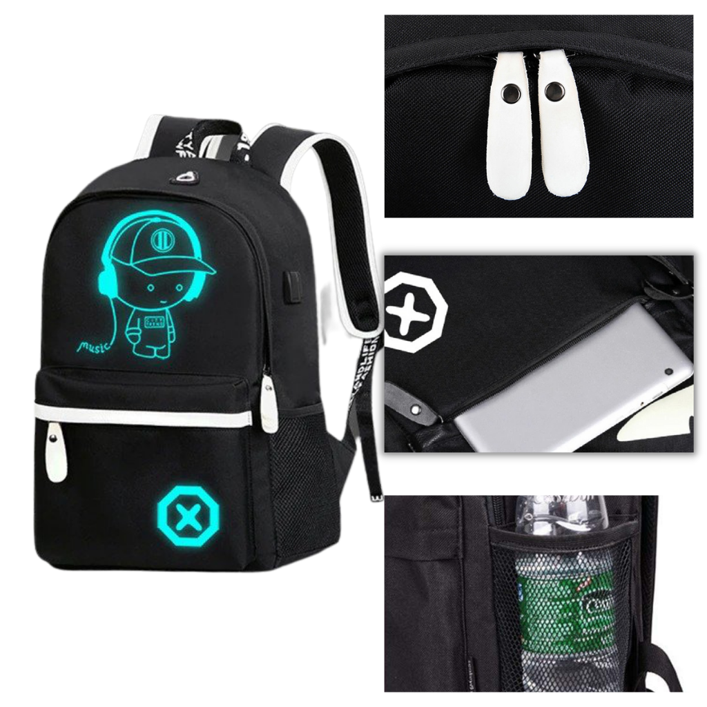 Mochila luminosa para notebook com design em estilo anime, resistente e prática, ideal para estudantes e profissionais.