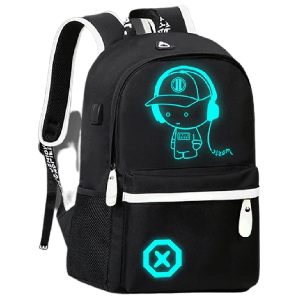 Mochila de anime para laptop com iluminação preta, sac à dos para computador portátil, design moderno e funcional.