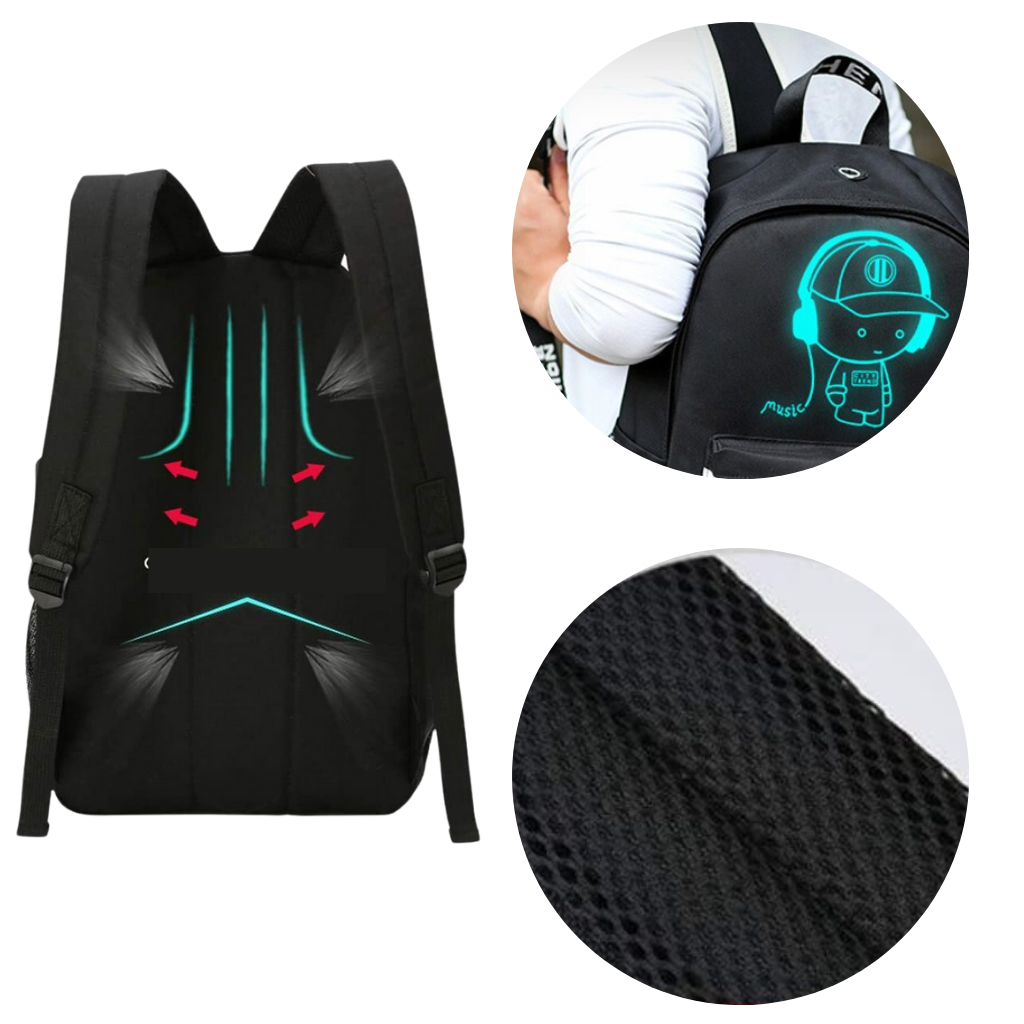 Mochila para notebook da marca Generic com luzes LED, design confortável, leve e ideal para transporte de laptops.