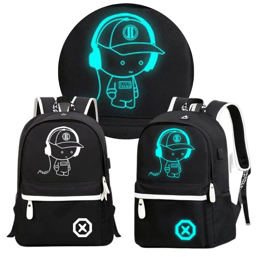 Mochila luminosa para notebook da marca Genérica, com capa brilhante e detalhes em estilo anime, ideal para estudantes e profissionais