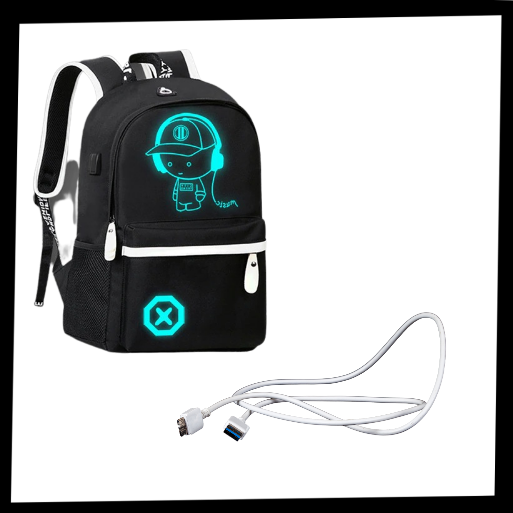 Mochila de computador portátil com luzes LED, saco a mochila genérico com design em estilo anime, visível na imagem.