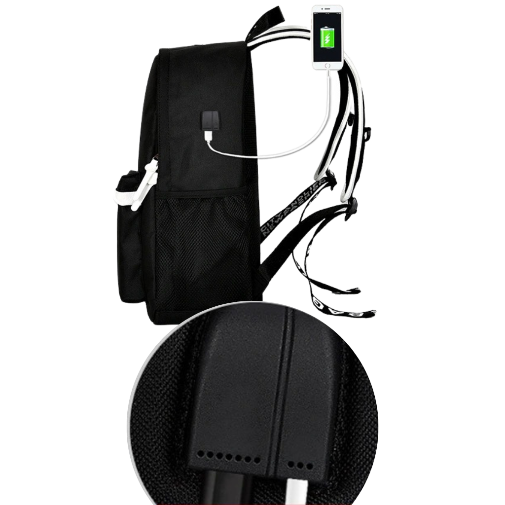 Mochila para notebook da marca Generic com luzes LED e portas USB, estilo anime, ideal para transporte e proteção do computador portátil.