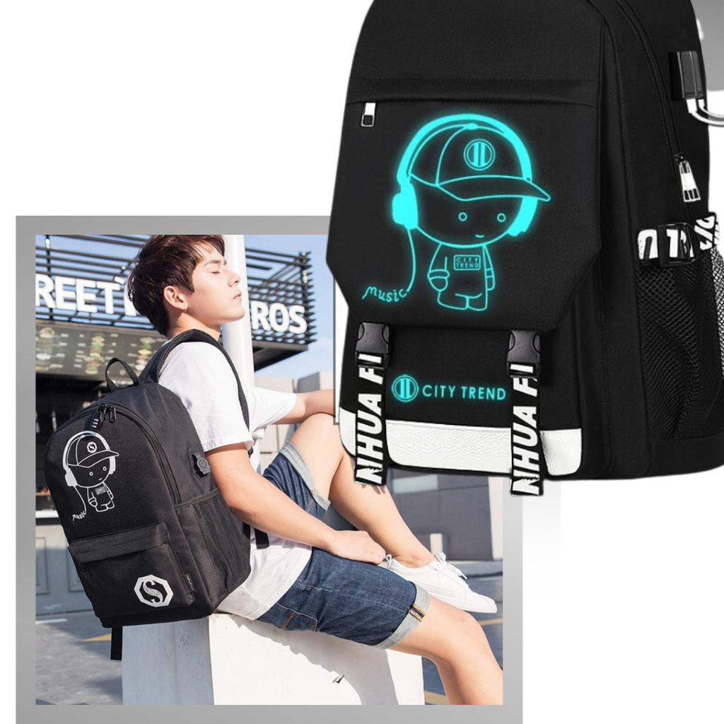 Mochila luminosa para notebook unissex, estilo anime, com compartimentos espaçosos e detalhes iluminados para uso diário.