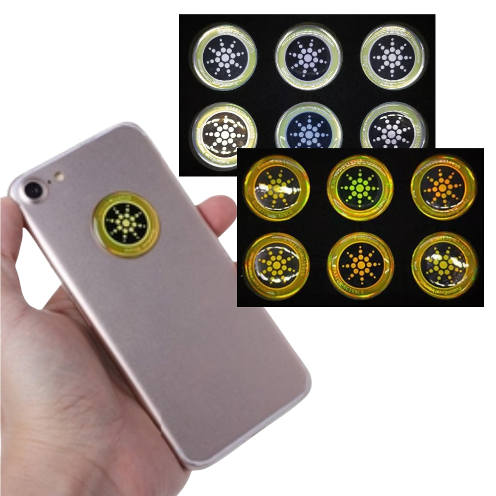 Conjunto de 6 adesivos anti-radiation para telefonia da marca Stibadium, com design de proteção contra radiação.