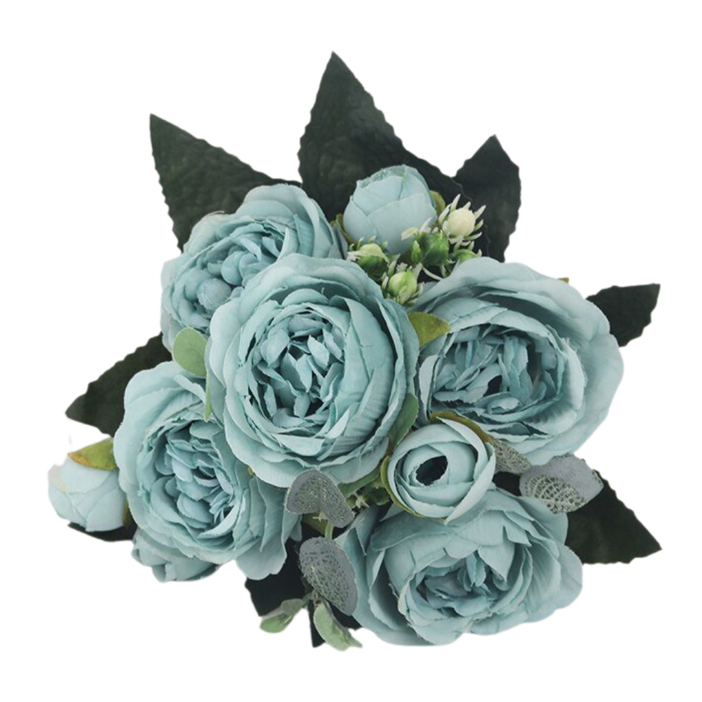 Buquê de flores artificiais de seda com peônias e rosas azuis, decorativo e realista, da marca Sodial.