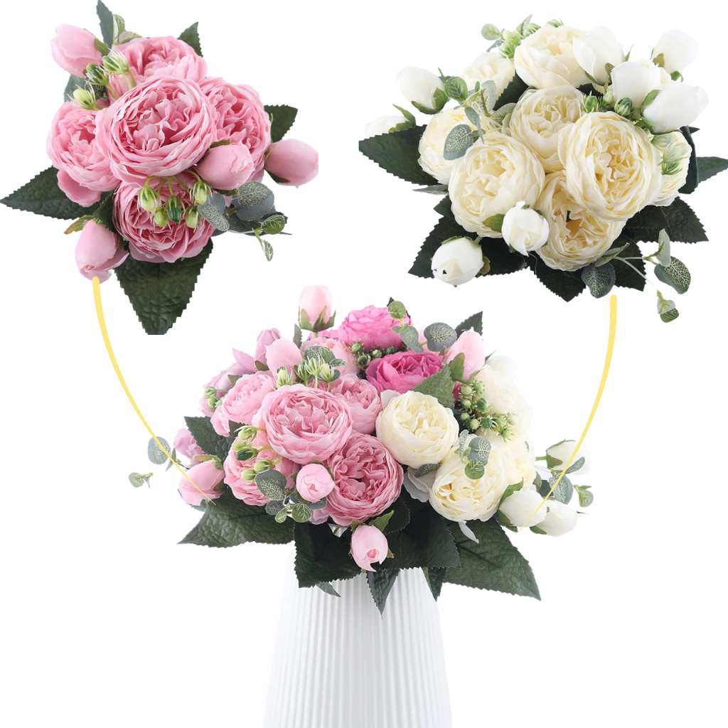 Bouquet de flores artificiais de seda com rosas e peônias coloridas, feito pela marca Sodial, ideal para decoração.