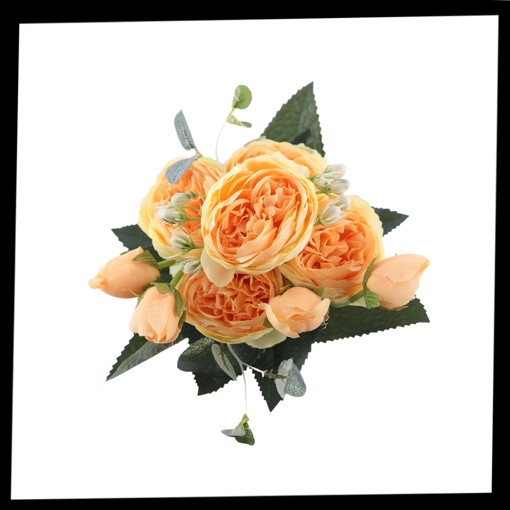 Bouquet de flores artificiais em seda com peônias e rosas, decorativo, da marca Sodial, para decoração de ambiente.