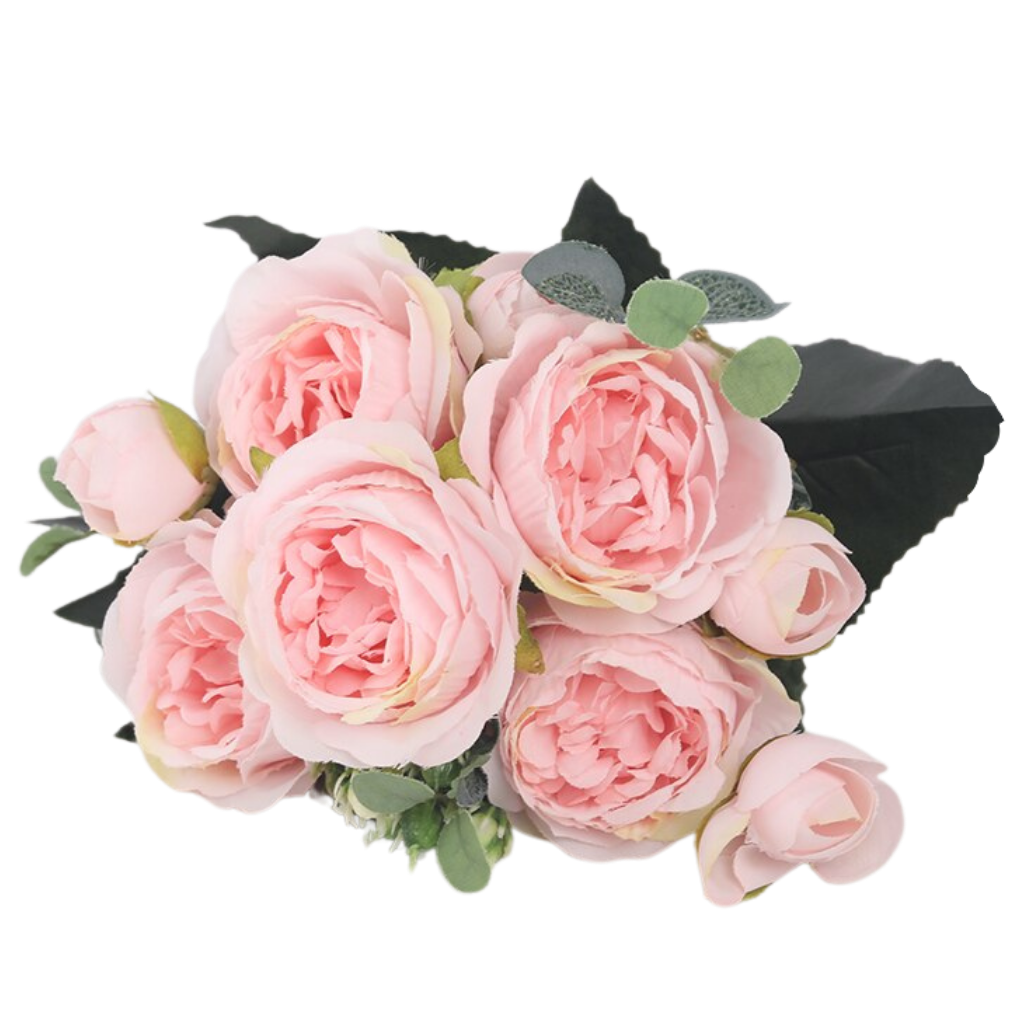 Buquê de flores artificiais de seda com peônias e rosas rosas, ideal para decoração elegante.