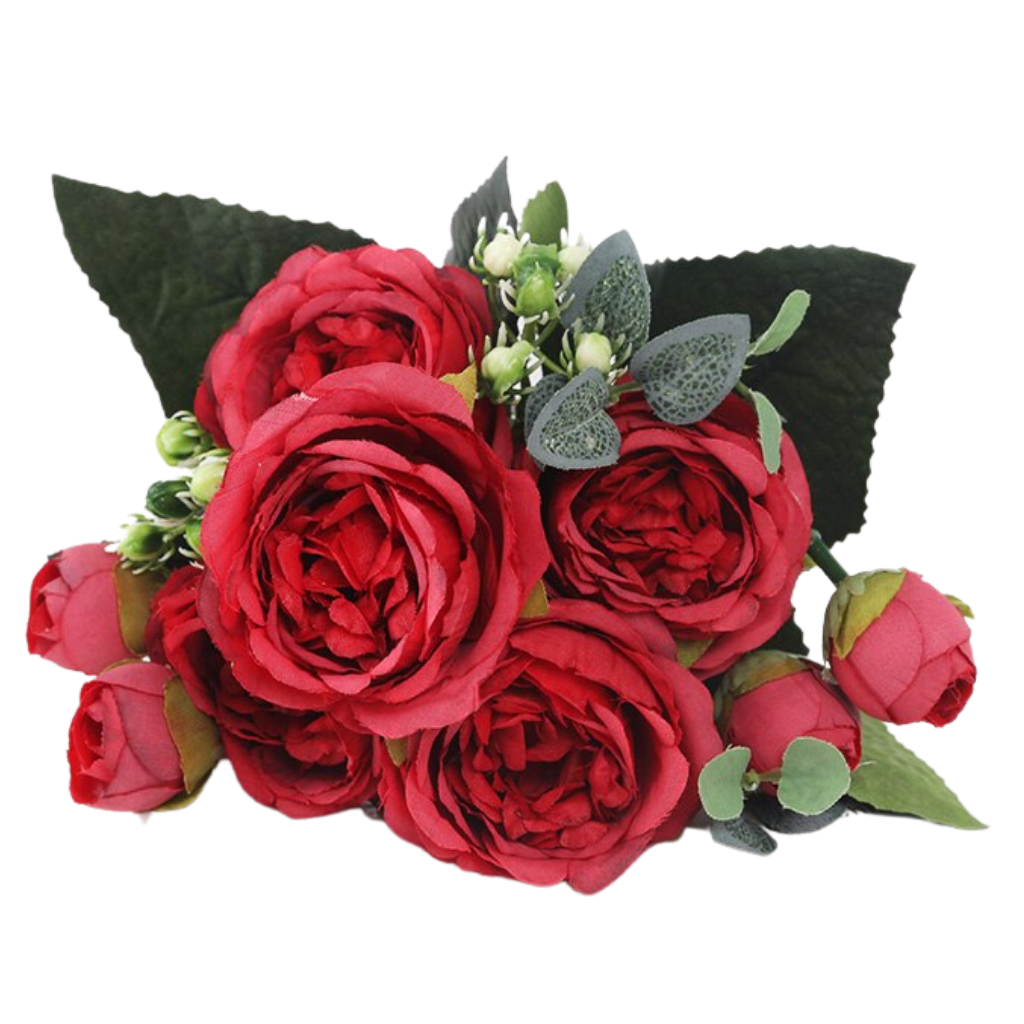 Bouquet de flores artificiais de seda com peônias e rosas vermelhas, decorativo para ambientes, marca Sodial