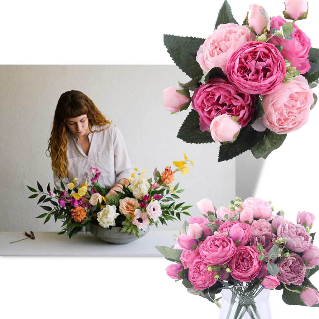 Buquê de flores artificiais de seda com peônias e rosas, decorativo da marca Sodial, ideal para decoração de ambientes.