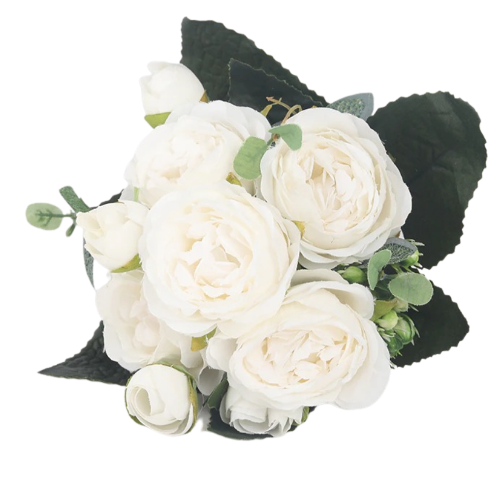 Buquê de flores artificiais de seda com peônias e rosas brancas, decorativo e realista, da marca Sodial