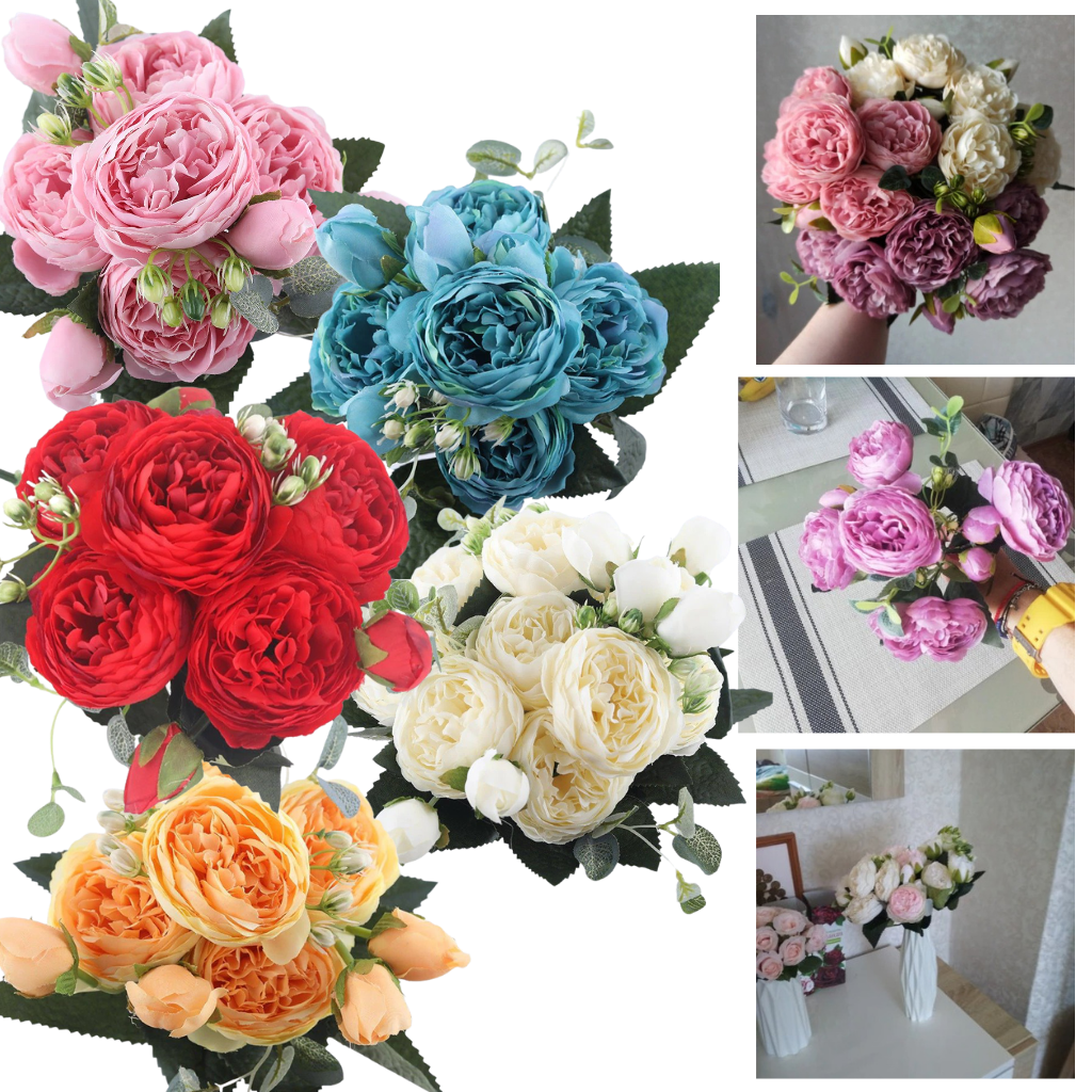 Buquê de flores artificiais de seda com peônias e rosas, decoração elegante de flores e plantas artificiais Sodial