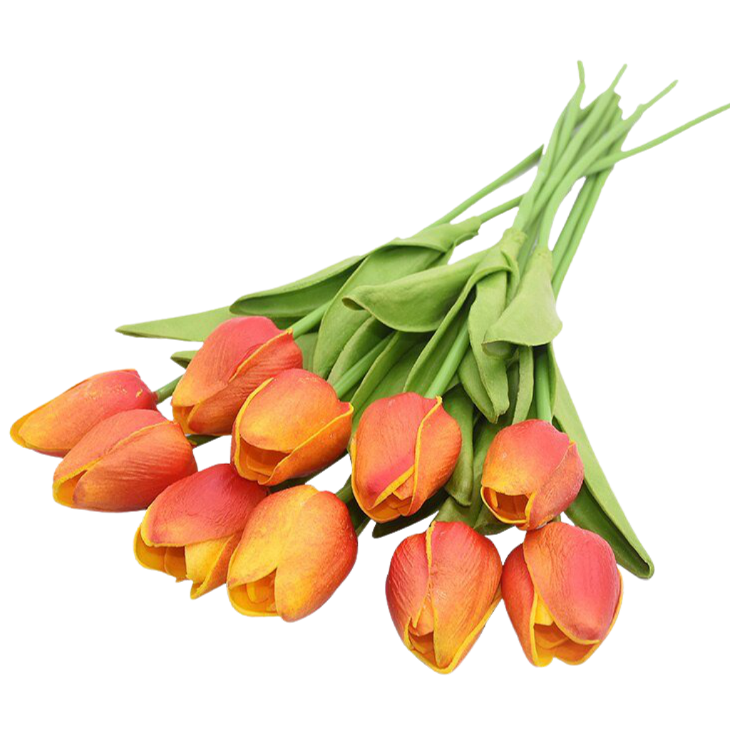 10 flores artificiais de tulipa laranja da marca Eastjing, detalhes realistas em flores e folhas sintéticas.