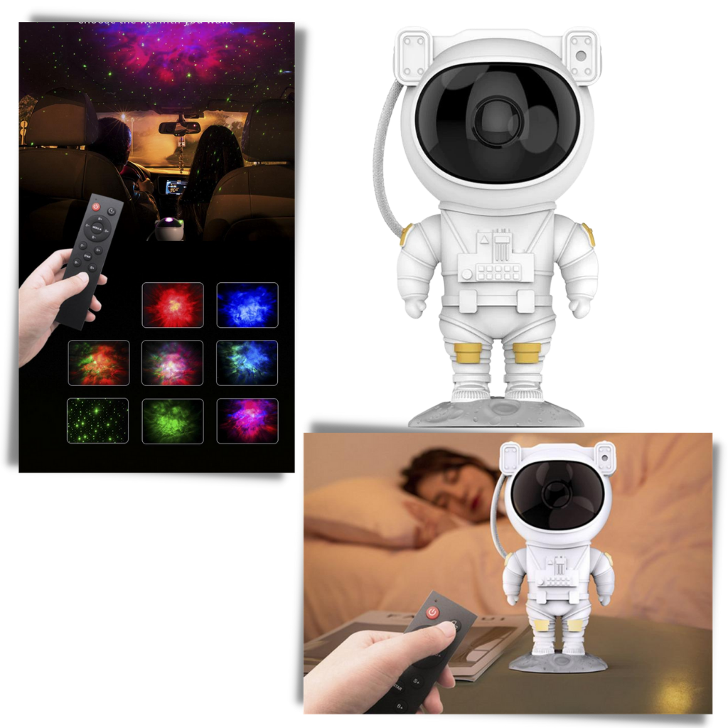 Lâmpada de noite de projeção de astronauta Alice, luzes coloridas ajustáveis, iluminação suave para ambiente infantil.