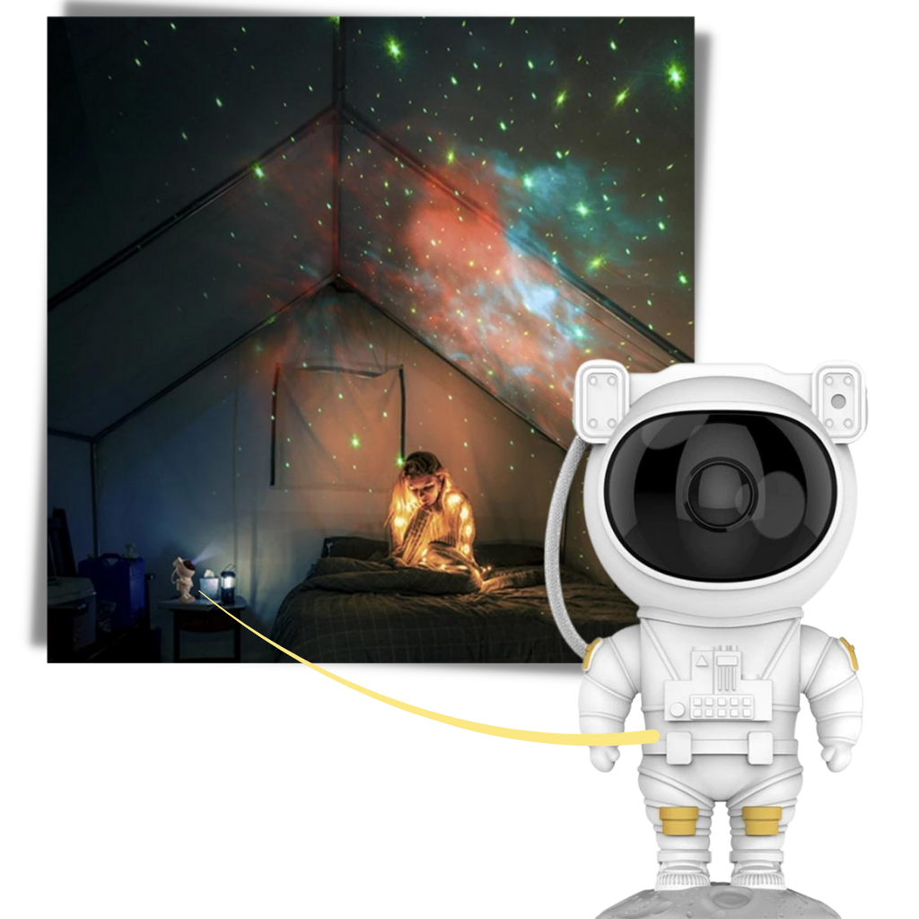 Luminária de noite de projeção de astronauta da marca Alice com luzes coloridas e efeito de projeção espacial.
