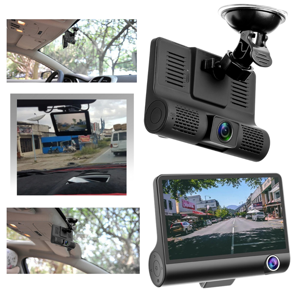Câmera de bordo DVR Full HD Pittasoft instalada no painel de carro, capturando vídeo nítido durante a condução.