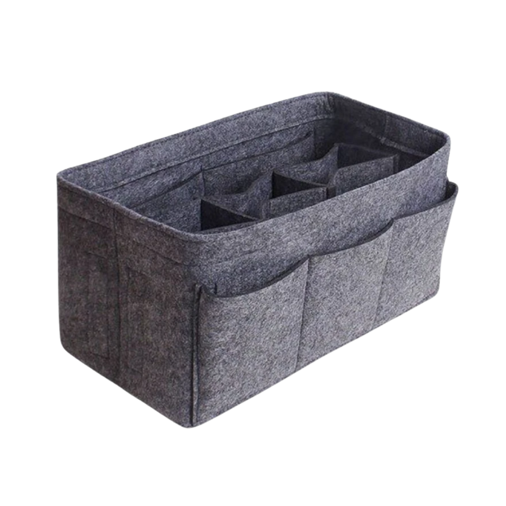 Organizador de bolsa Dido cinza, ranhuras para separar itens, ideal para manter a organização dentro de bolsas e bolsas femininas