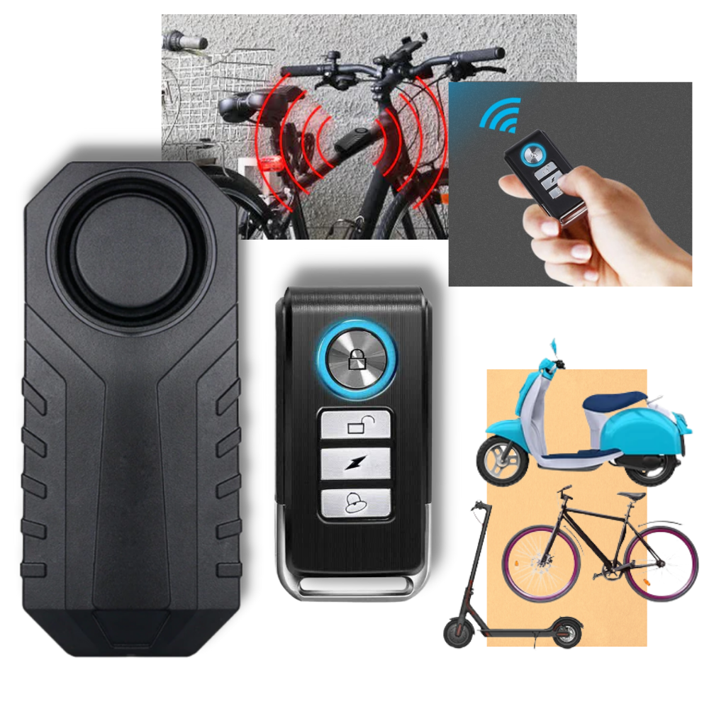 Alarme elétrica para bicicleta Fosmon, sistema de segurança para ciclismo, com sensor e controle remoto visível na imagem.