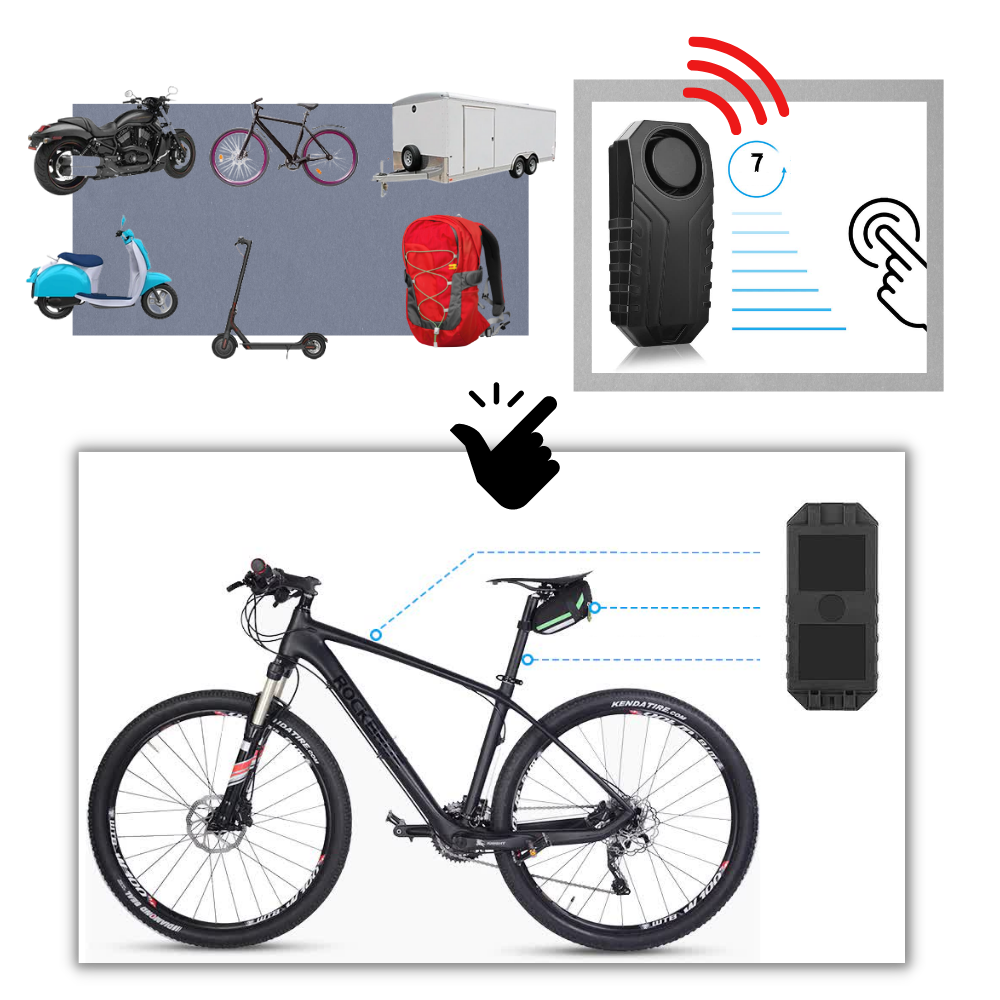 Alarme elétrica para bicicleta Fosmon, sistema de segurança com dispositivo de alerta visível na imagem.