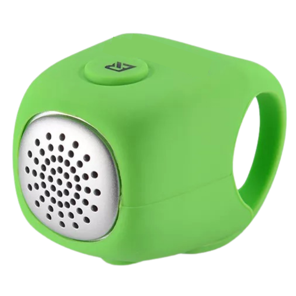Buzina de bicicleta à prova d'água da marca Totmox em silicone verde, ideal para ciclismo.