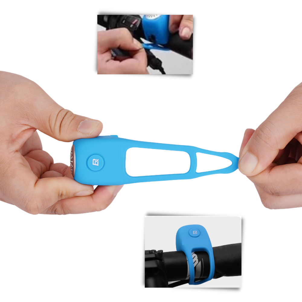 Buzina de ciclismo à prova d'água em silicone da Totmox instalada em guidão de bicicleta.