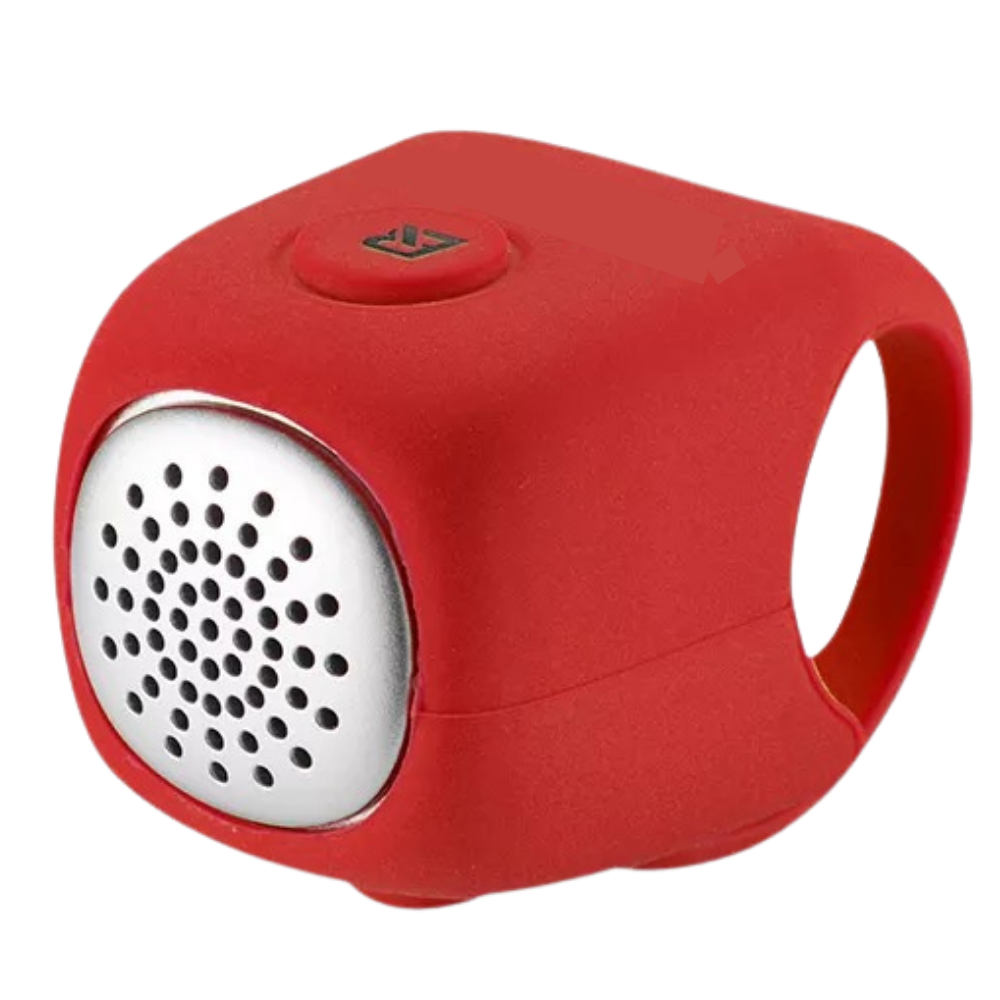 Sino de bicicleta à prova d\'água em silicone vermelho da marca Totmox, ideal para sinalização durante o ciclismo.