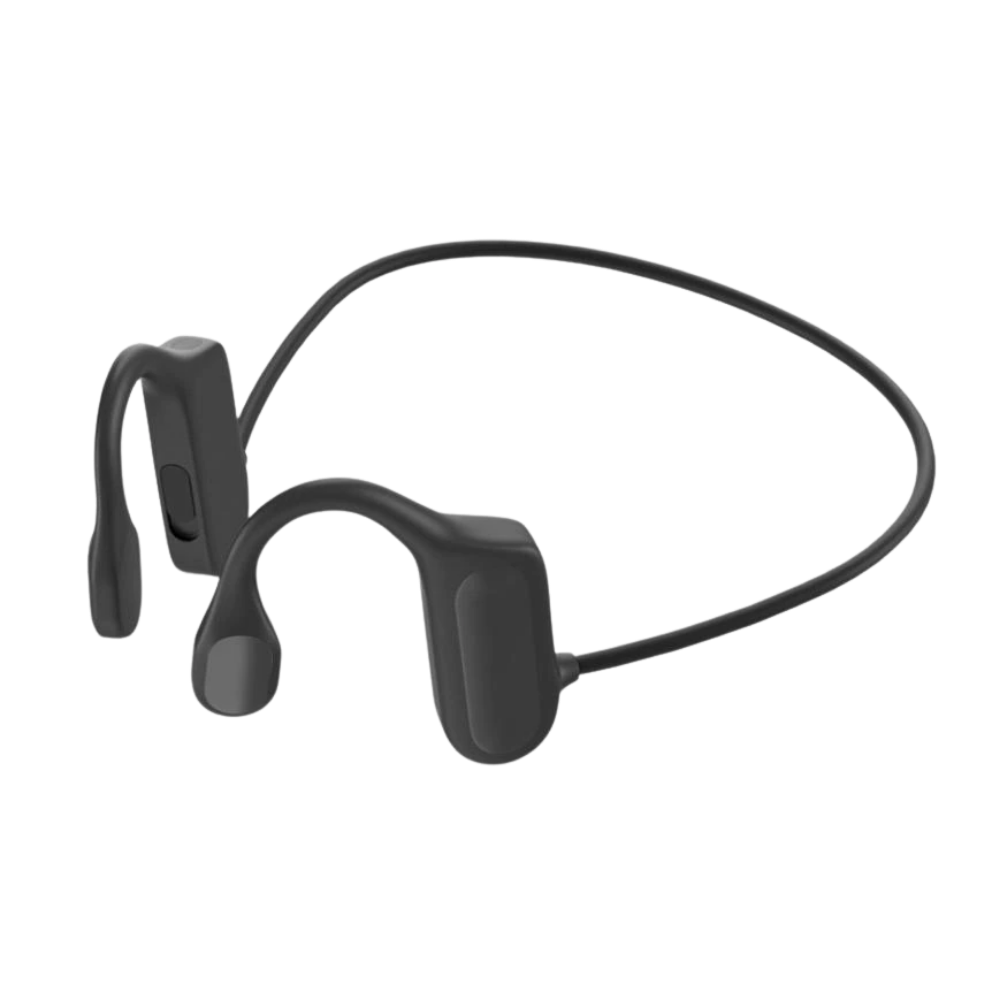 Fones de ouvido de condução óssea Foeses na cor preta, componentes de áudio que permitem ouvir som através dos ossos do crânio.
