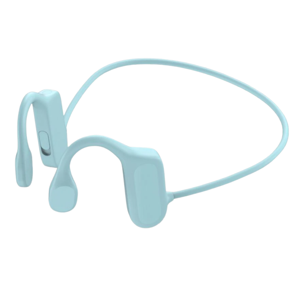 Fones de ouvido de condução óssea Foeses na cor azul, componentes de áudio com design aberto e confortável para uso diário.