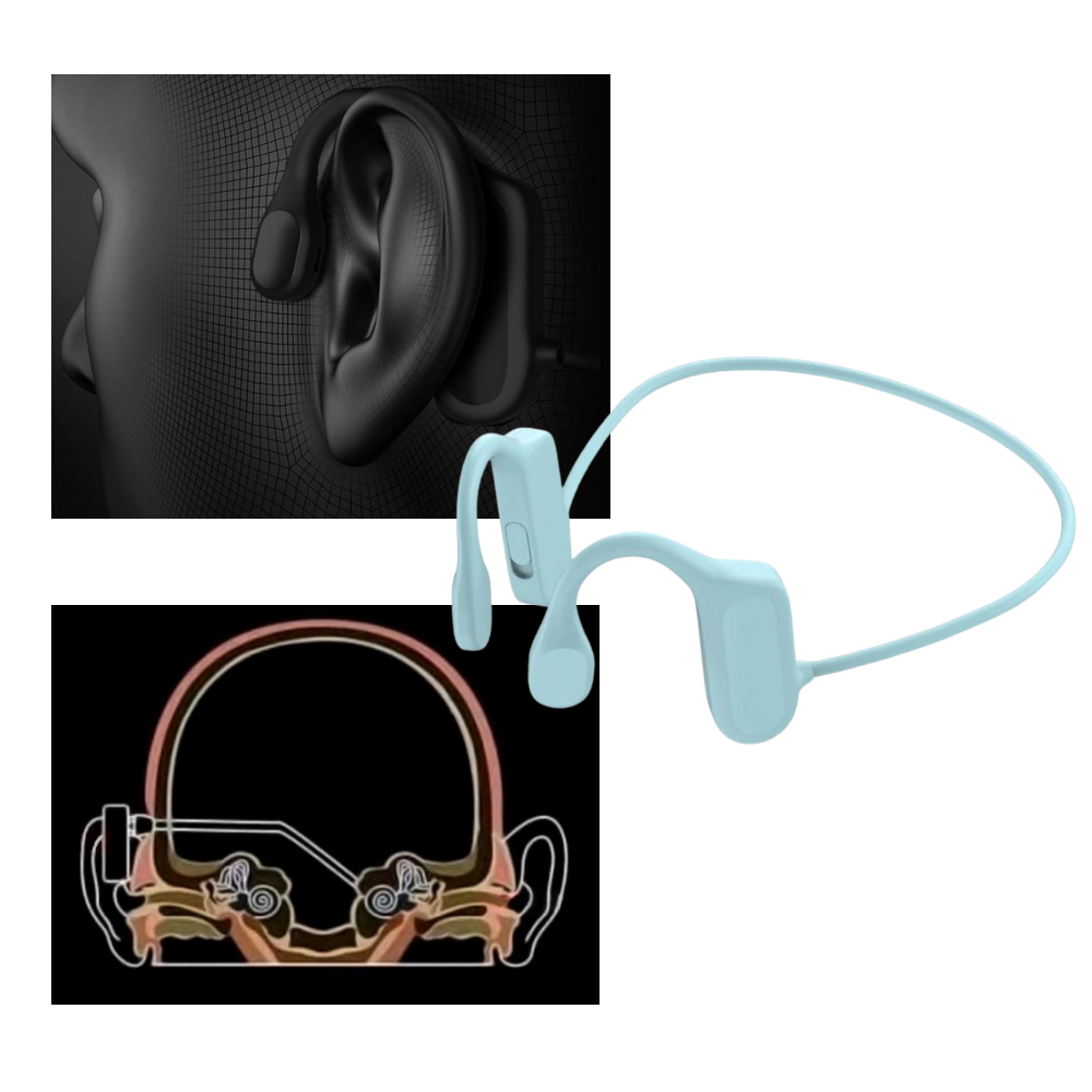 Fones de ouvido de condução óssea Foeses, componentes de áudio, mostrando o design dos fones sobre a cabeça.