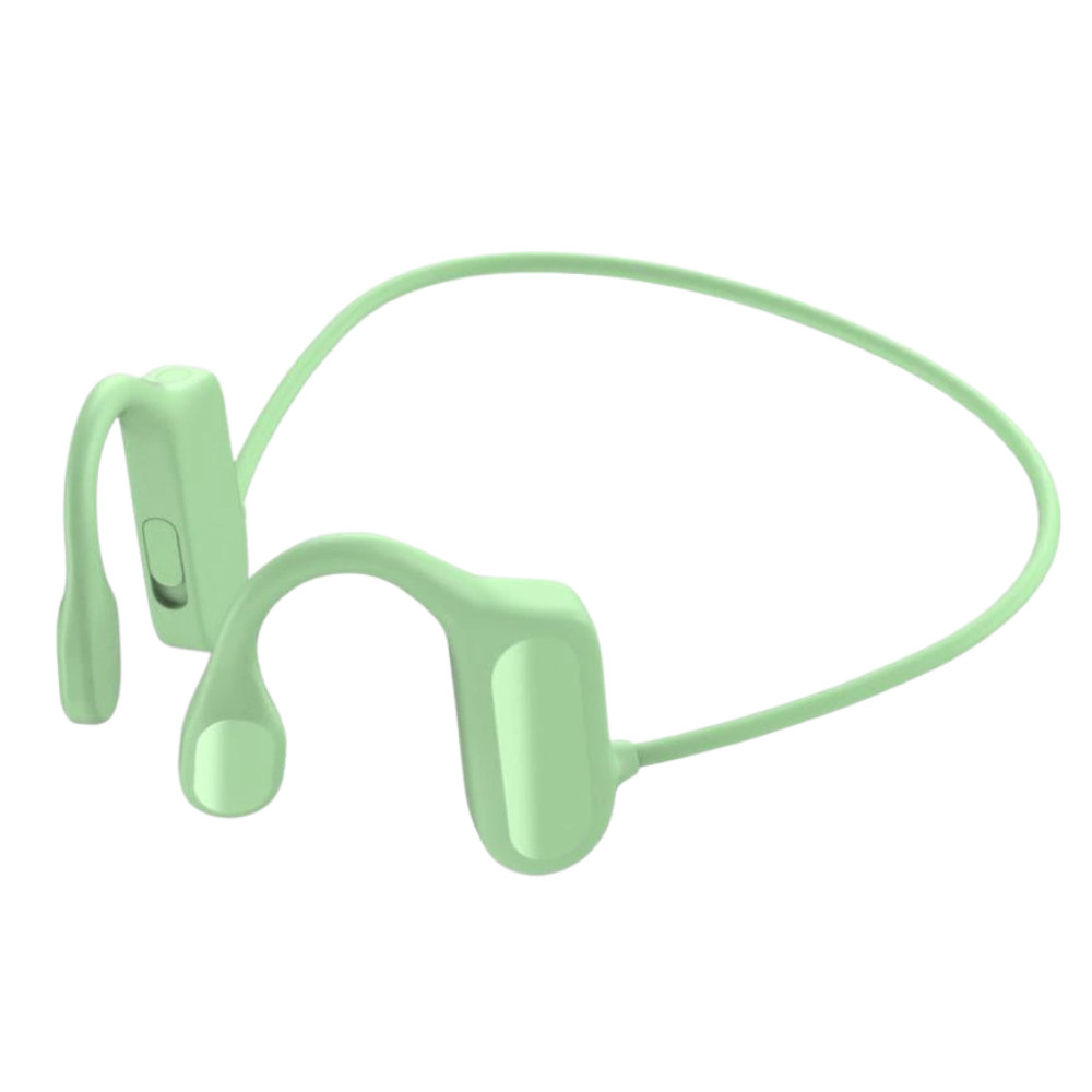 Fones de ouvido de condução óssea Foeses na cor verde, componentes de áudio que deixam as orelhas livres para ouvir o ambiente.
