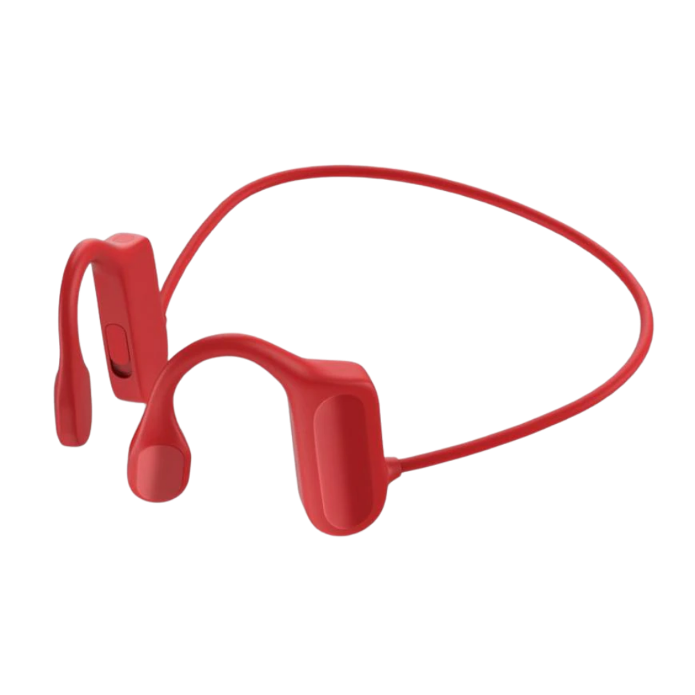 Fones de ouvido de condução óssea Foeses na cor vermelha, componentes de áudio com design inovador para conforto e som de alta qualidade.