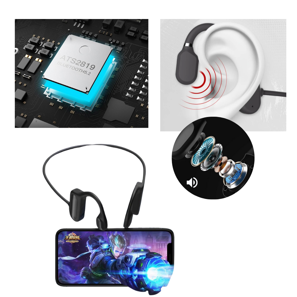 Fones de ouvido de condução óssea Foeses, componentes de áudio estéreo com design que permite ouvir sem cobrir as orelhas.