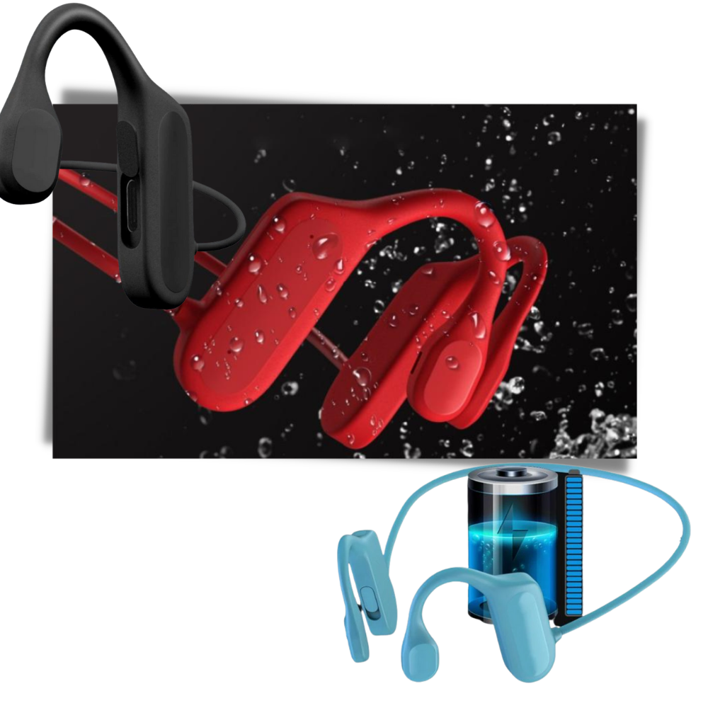 Fones de ouvido à condução óssea Foeses, componentes de áudio à prova d'água, com design compacto e resistente.