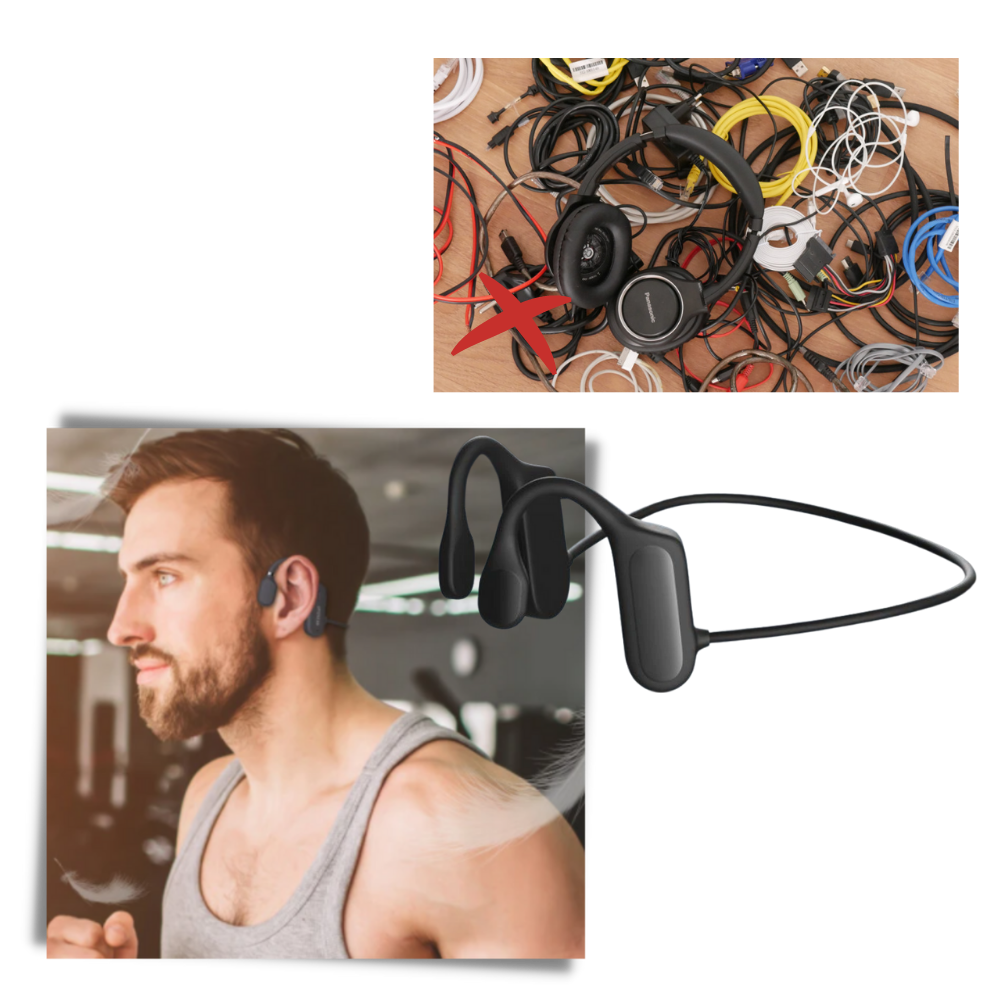 Fones de ouvido de condução óssea sem fio da marca Foeses para componentes de áudio, com design confortável e tecnologia avançada.