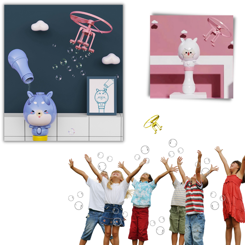 Máquina de bolhas 2 em 1 da Floepx, brinquedo de atividade com design divertido, produz bolhas para diversão infantil.