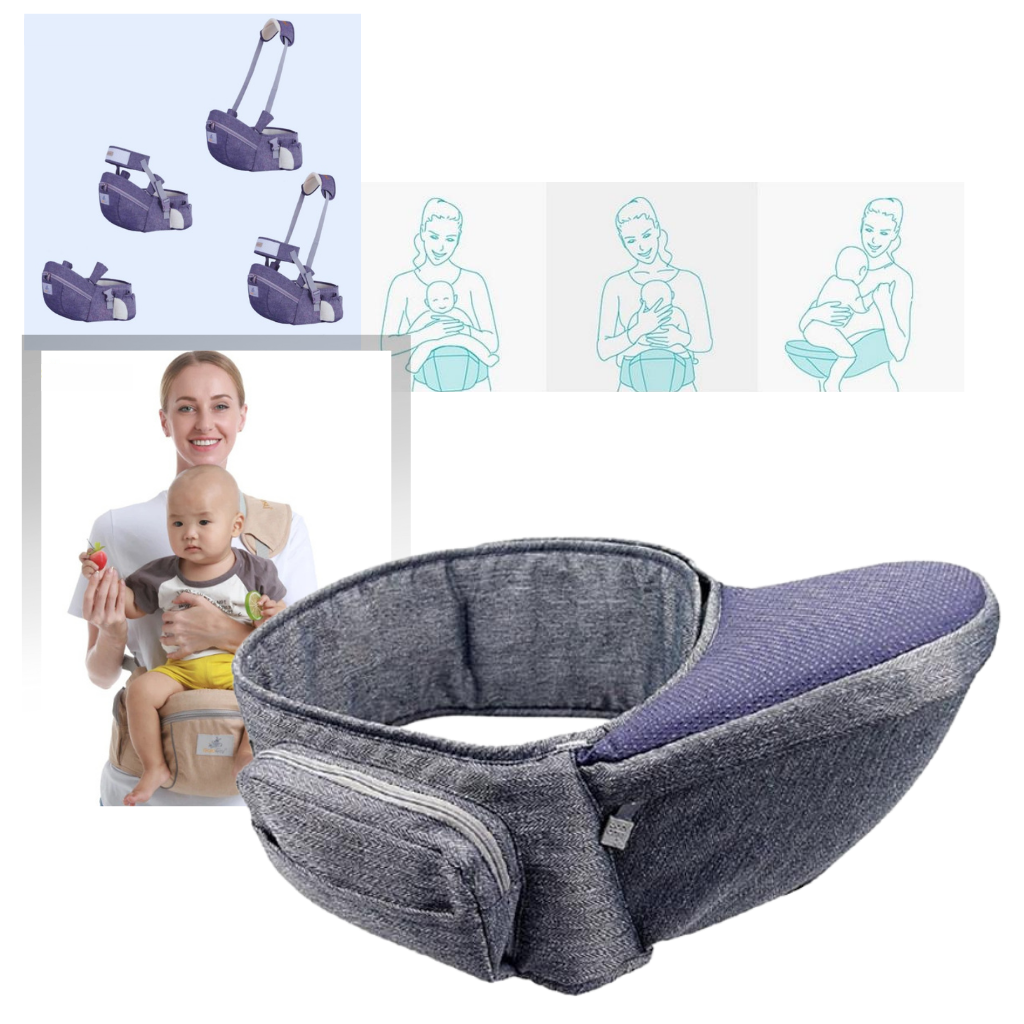 Assento de porta-bebê para prender na cintura, marca Wonderfold Wagon, mostra bebê sentado no suporte para transporte seguro.