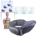 Assento de porta-bebê para prender na cintura, marca Wonderfold Wagon, mostra bebê sentado no suporte para transporte seguro.