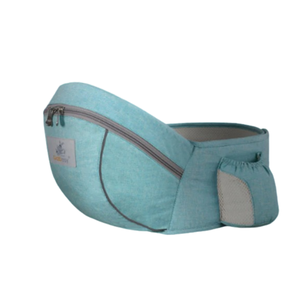 Assento de porte-bebê para as costas em verde, marca Wonderfold Wagon, com suporte confortável para bebê na cintura.