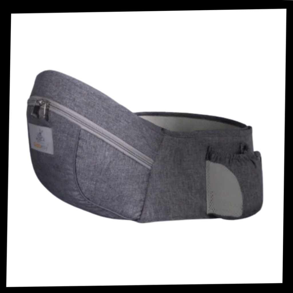 Assento de porta-bebé para prender na cintura, marca Wonderfold Wagon, confortável e seguro para transportar o bebê na cintura.
