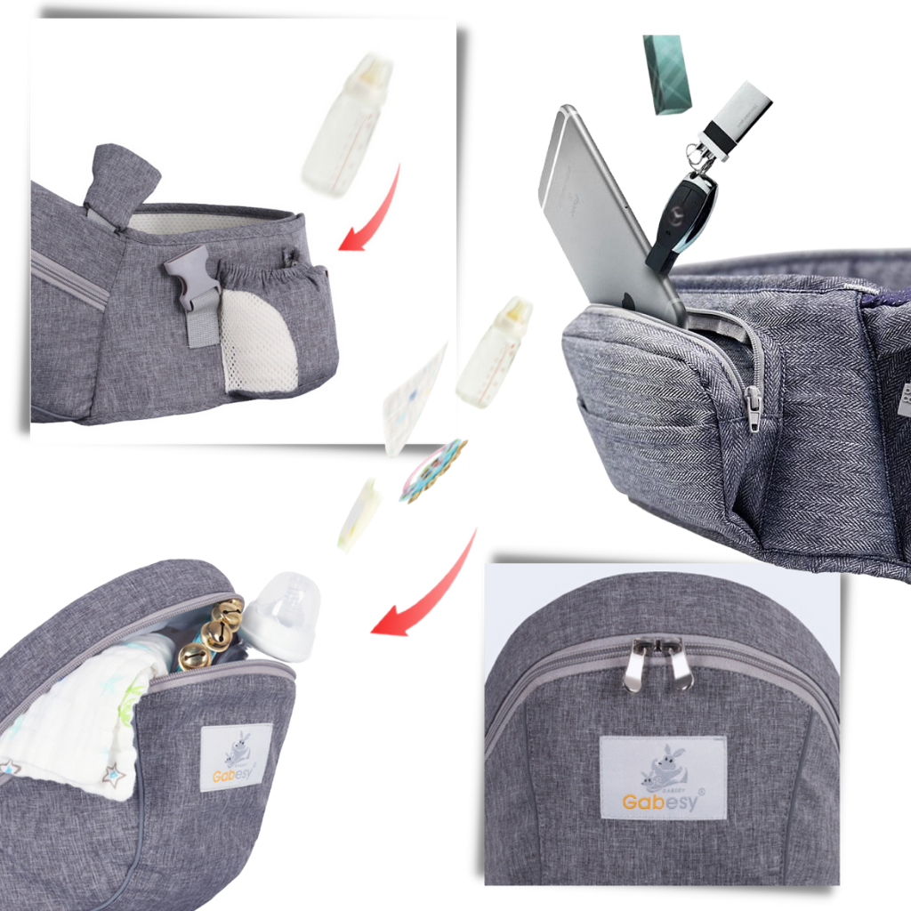 Assento de porta-bebê Wonderfold Wagon com bolsos laterais, fixado na cintura, para conforto e praticidade ao transportar o bebê.