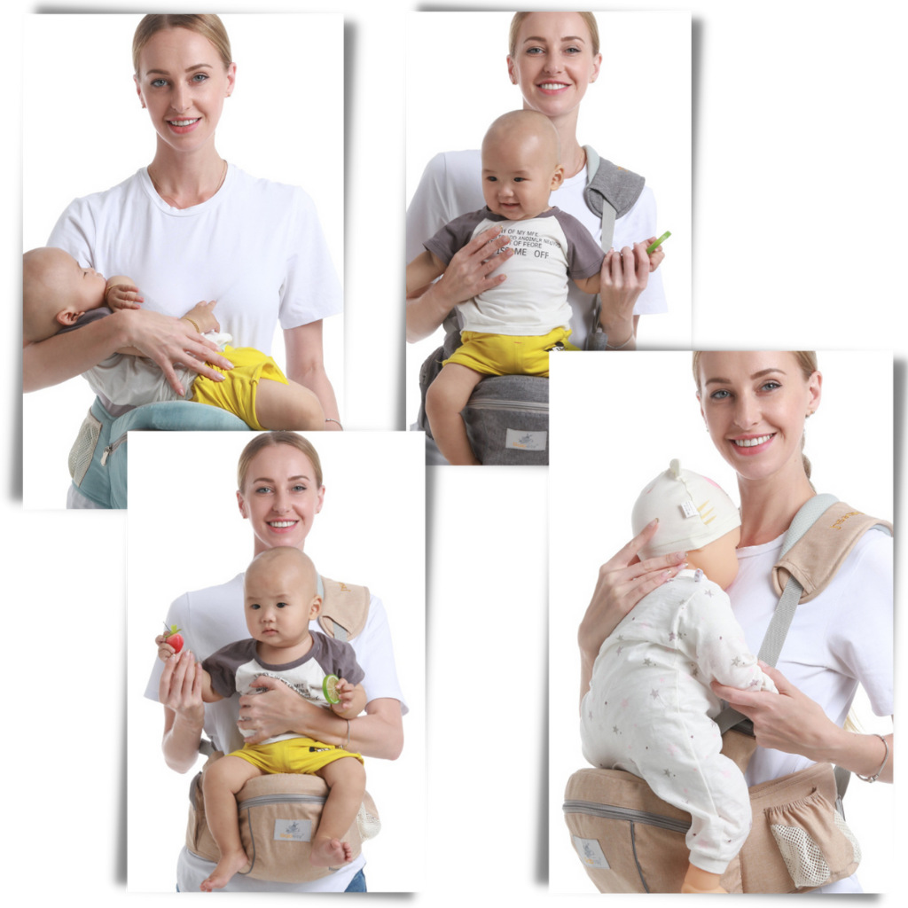 Assento de porta-bebé para prender na cintura, marca Wonderfold Wagon, com design amplo para transporte confortável do bebê.