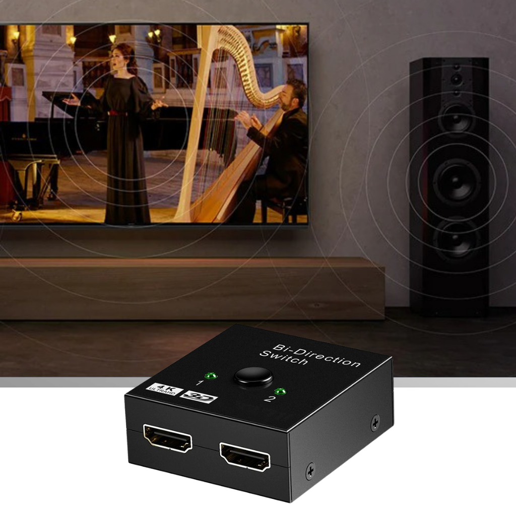 Divisor HDMI bi-direcional 4K da Xcsource, com suporte a áudio e vídeo sincronizados, conectado a vários dispositivos.