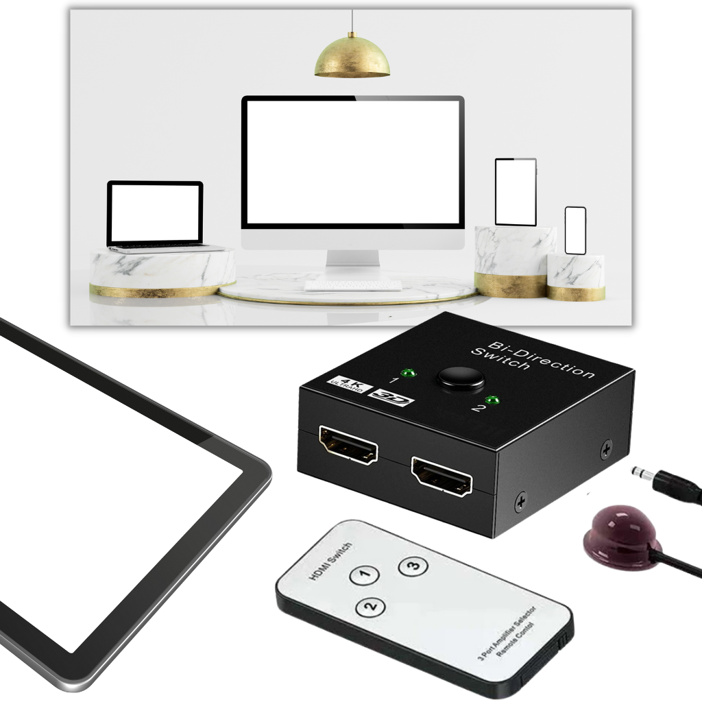 Divisor HDMI bidirecional 4K da Xcsource, com entradas e saídas para conexão de dispositivos de áudio e vídeo.