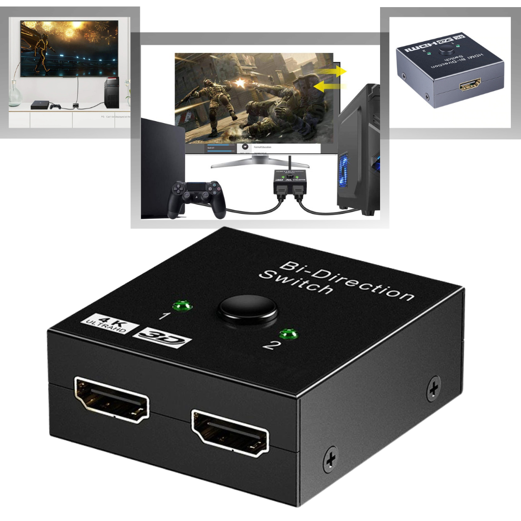 Divisor HDMI bidirecional 4K da Xcsource, com cabos conectados, mostrando entrada e saída para áudio e vídeo em alta resolução.