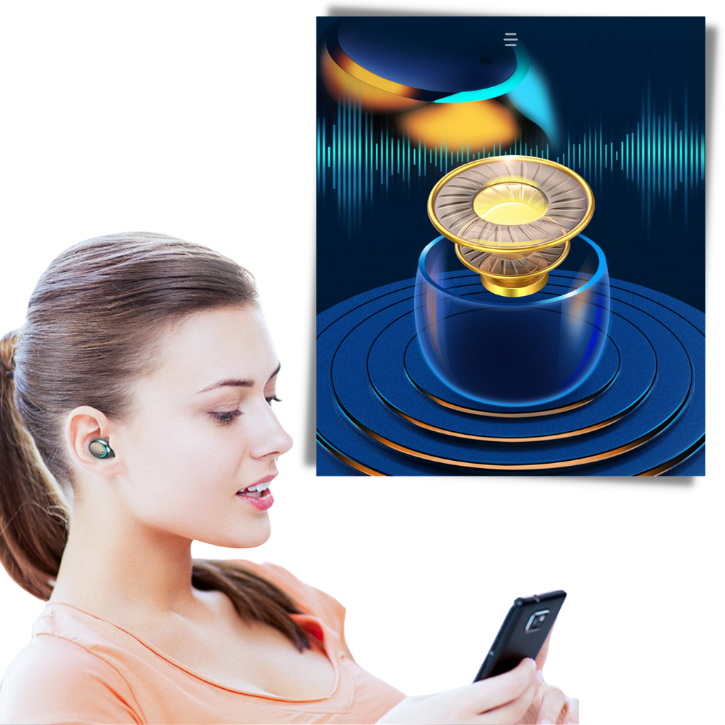Fones de ouvido Bluetooth Eastjing com estojo de carregamento e som de alta qualidade visível na imagem.